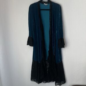 BLUE VELVET WITH BLACK LACE DUSTER LONG CARDIGAN BY MARRIKA NAKK Sz M FESTIVAL